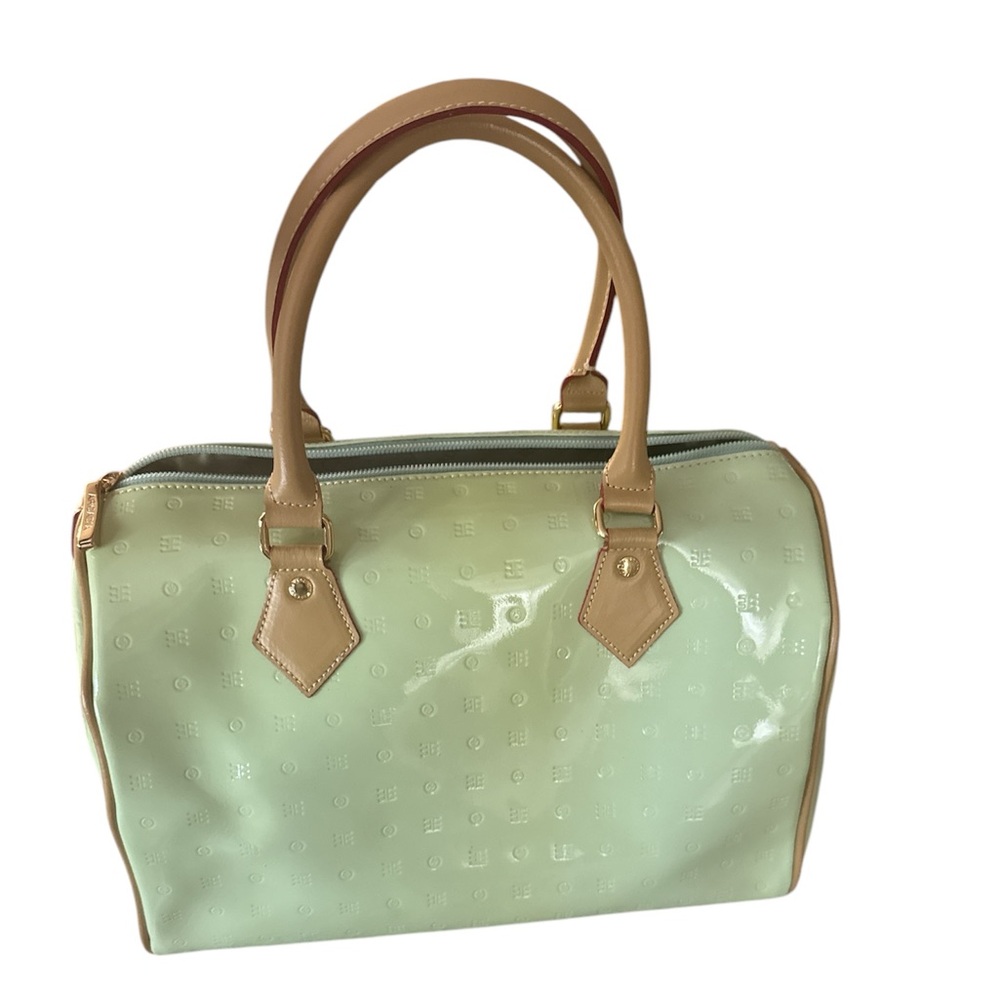 Mint Patent Satchel Handbag with Tan Accents